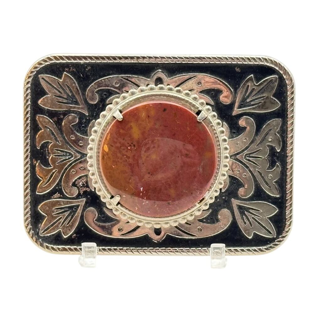 Vintage Red Stone Ornate Square Western Collectible Metal Decorative Belt Buckle